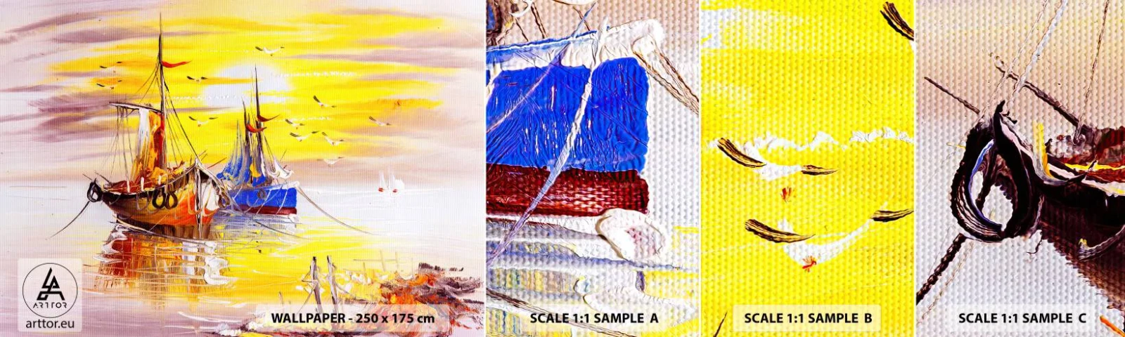 Muestra De Fotomural Standard Eco - Un merecido descanso en el puerto - Barco de pesca, Pesca, Aves - 100x30 cm