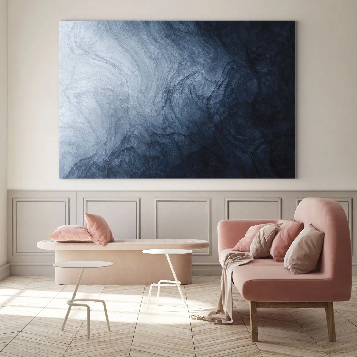 Cuadro sobre vidrio - Impresiones sobre Vidrio - Profundidad abstracta en tonos azul marino y gris. - 100x70cm - En las profundidades - Decoración de pared moderna para salón y dormitorio ARTTOR