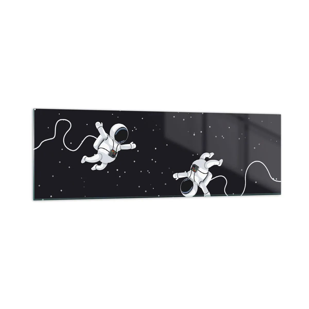 Cuadro sobre vidrio - Impresiones sobre Vidrio - Astronautas flotando en el espacio con un telón de fondo de estrellas. - 160x50cm - Danza cósmica - Decoración de pared moderna para salón y dormitorio ARTTOR