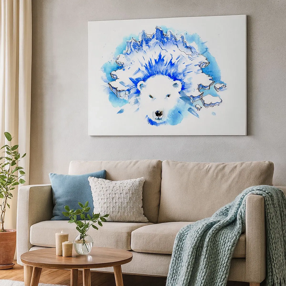 Cuadro sobre lienzo - Impresión de Imagen - Pintura artística de acuarela de un oso polar con un motivo helado. - 70x50cm - El rey del Ártico con una corona de hielo - Decoración de pared moderna para salón y dormitorio ARTTOR