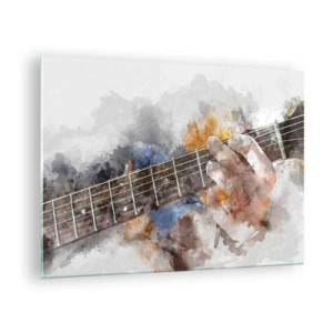 Cuadro sobre vidrio - Impresiones sobre Vidrio - Motivo de acuarela de una mano tocando una guitarra. - 70x50cm - Poesía entre las cuerdas - Decoración de pared moderna para salón y dormitorio ARTTOR
