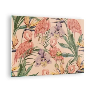 Cuadro sobre vidrio - Impresiones sobre Vidrio - Flamencos rodeados de flores y plantas tropicales. - 70x50cm - Un ballet rosa en flores - Decoración de pared moderna para salón y dormitorio ARTTOR