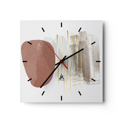 Reloj de pared - Reloj de vidrio - Composición abstracta en tonos beige y dorados. - 30x30cm - Una columnata abstracta - Decoración de pared moderna para salón y dormitorio ARTTOR