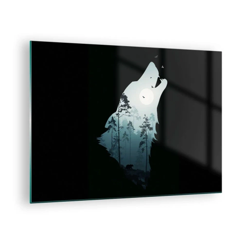 Cuadro sobre vidrio - Impresiones sobre Vidrio - Silueta de un lobo con un bosque y la luna al fondo sobre un fondo negro - 70x50cm - Voz de la noche del bosque - Decoración de pared moderna para salón y dormitorio ARTTOR