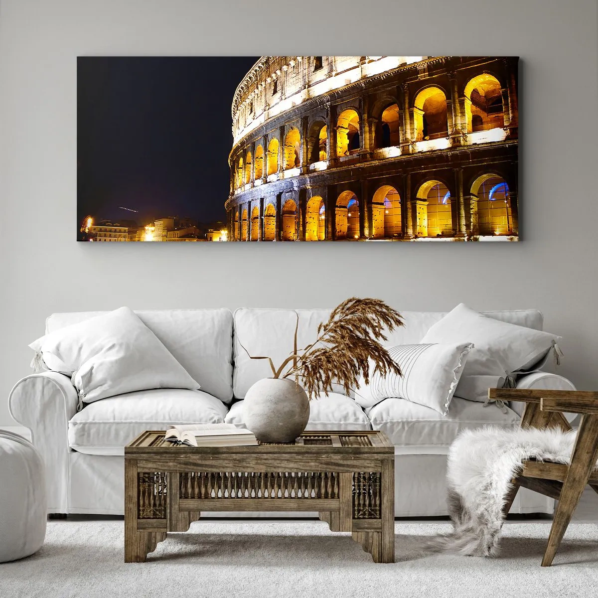 Cuadro sobre lienzo - Impresión de Imagen - El Coliseo iluminado por luces por la noche en Roma - 120x50cm - Los juegos están a punto de comenzar - Decoración de pared moderna para salón y dormitorio ARTTOR