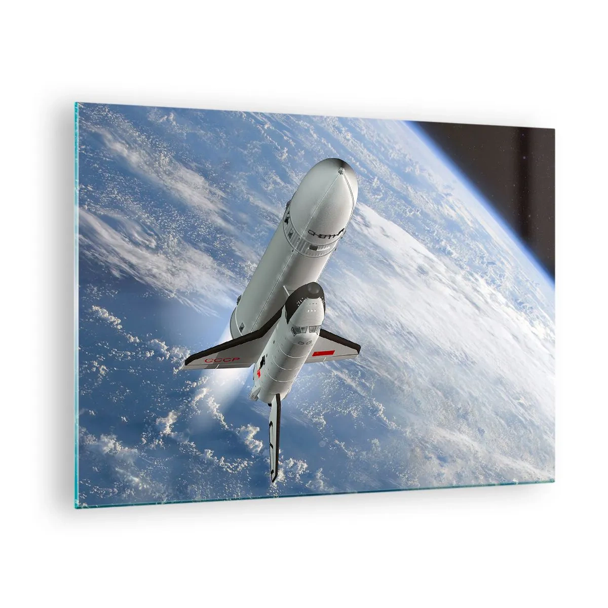 Cuadro sobre vidrio - Impresiones sobre Vidrio - Un transbordador espacial despegando en el espacio con la Tierra al fondo. - 70x50cm - Ascensión cósmica - Decoración de pared moderna para salón y dormitorio ARTTOR