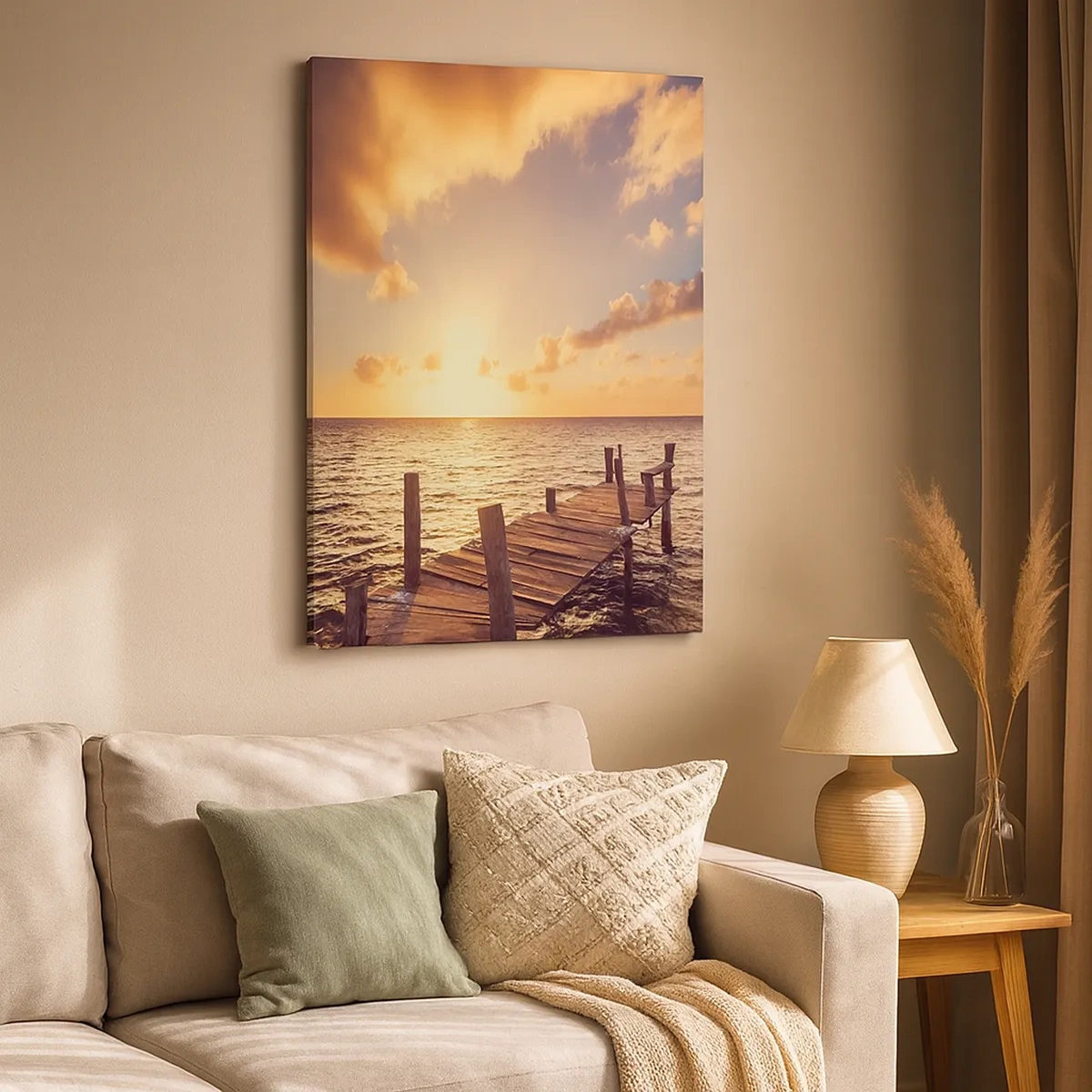 Cuadro sobre lienzo - Impresión de Imagen - Un embarcadero de madera que conduce hacia la puesta del sol. - 50x70cm - Una tierra dorada de dulzura - Decoración de pared moderna para salón y dormitorio ARTTOR