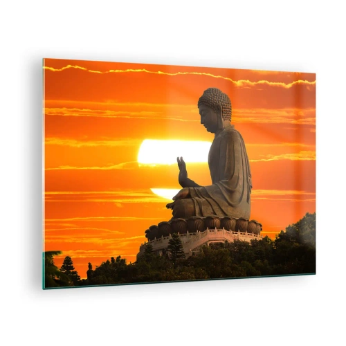 Cuadro sobre vidrio - Impresiones sobre Vidrio - Estatua de Buda con el sol poniente como telón de fondo - 70x50cm - Sin miedo al mundo - Decoración de pared moderna para salón y dormitorio ARTTOR