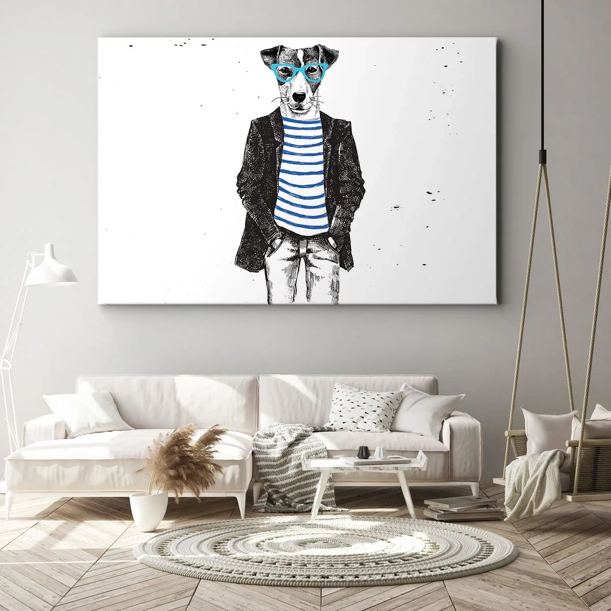 Cuadro sobre lienzo - Impresión de Imagen - Retrato de un perro con gafas y camisa de marinero en estilo humorístico. - 100x70cm - El encanto del perro - Decoración de pared moderna para salón y dormitorio ARTTOR