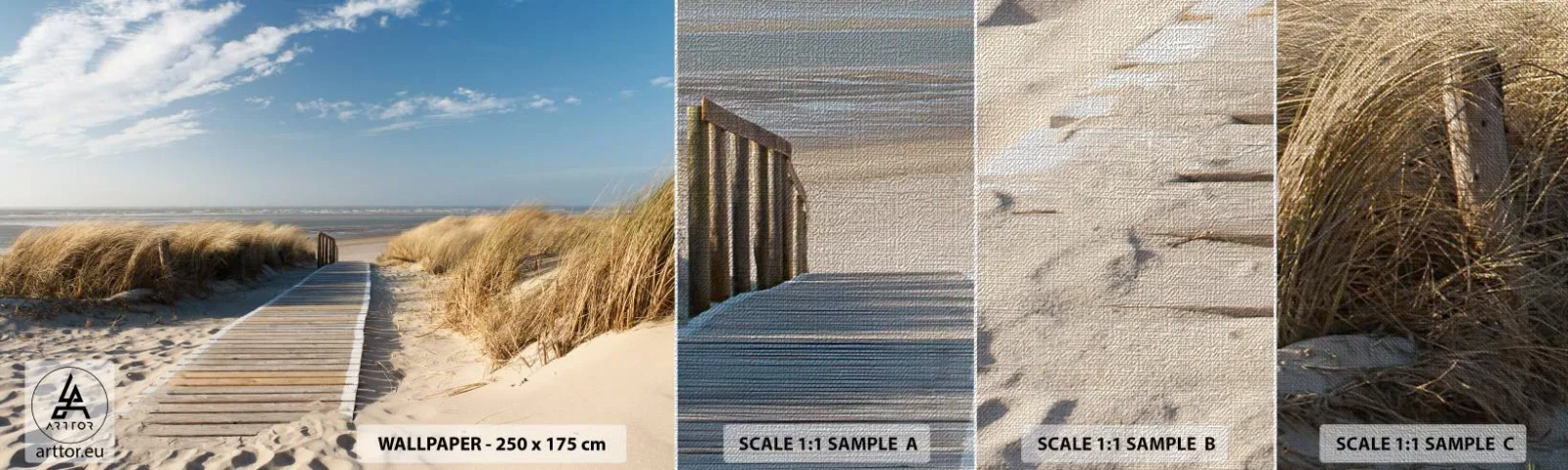 Muestra de fotomural Premium Canvas - Más allá de la duna, en el susurro de la naturaleza - Paisaje, Mar, Playa - 100x30 cm