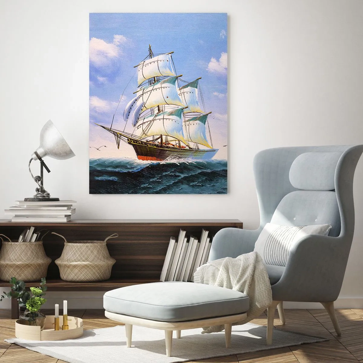 Cuadro sobre vidrio - Impresiones sobre Vidrio - Un velero en alta mar bajo un cielo azul. - 50x70cm - Orgulloso con el viento - Decoración de pared moderna para salón y dormitorio ARTTOR