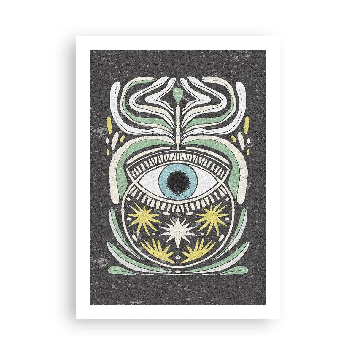 Póster - Un ojo simbólico rodeado de patrones vegetales sobre un fondo oscuro. - 50x70cm - Rituales tribales - Decoración de pared moderna para salón y dormitorio ARTTOR