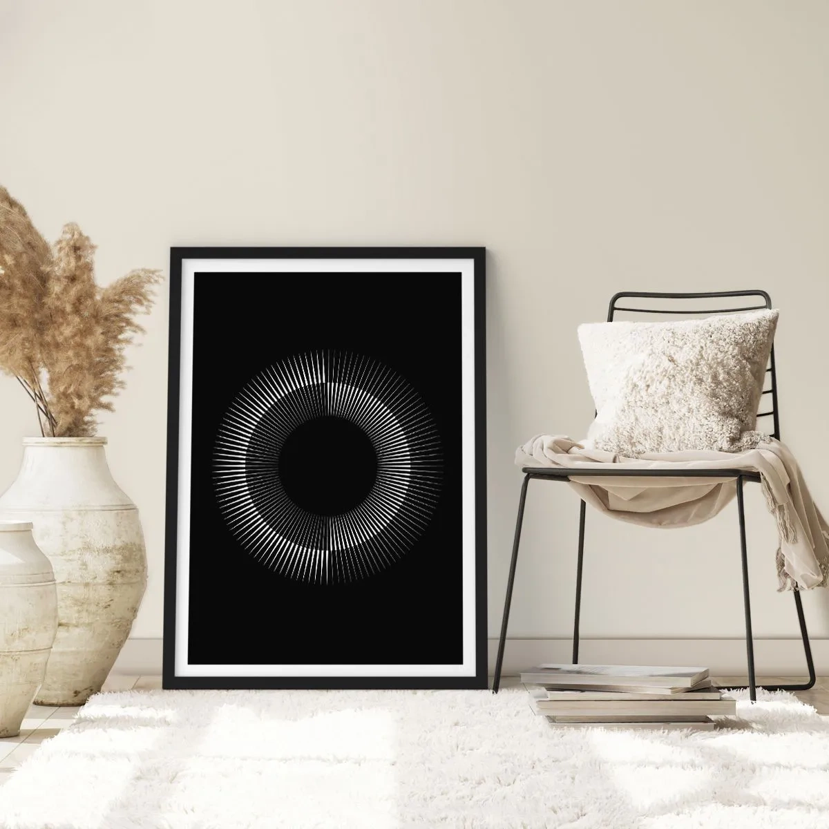 Póster en marco negro - Una composición fascinante de un círculo luminoso sobre un fondo negro. - 50x70cm - Sol negro - Decoración de pared moderna para salón y dormitorio ARTTOR