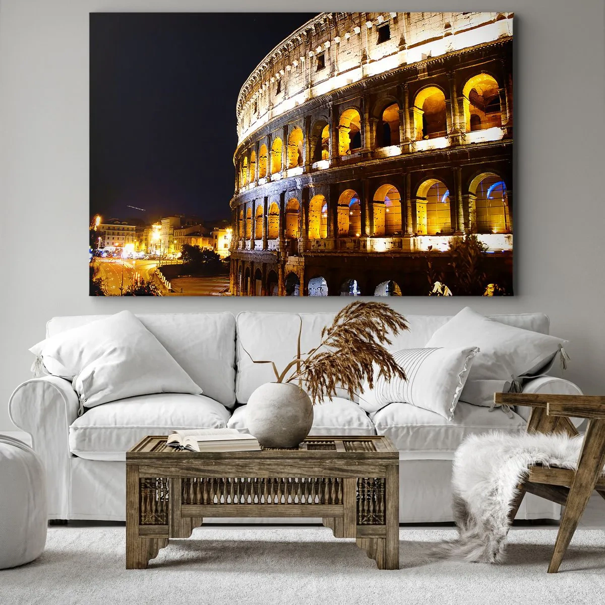 Cuadro sobre lienzo - Impresión de Imagen - El Coliseo iluminado por luces por la noche en Roma - 120x80cm - Los juegos están a punto de comenzar - Decoración de pared moderna para salón y dormitorio ARTTOR