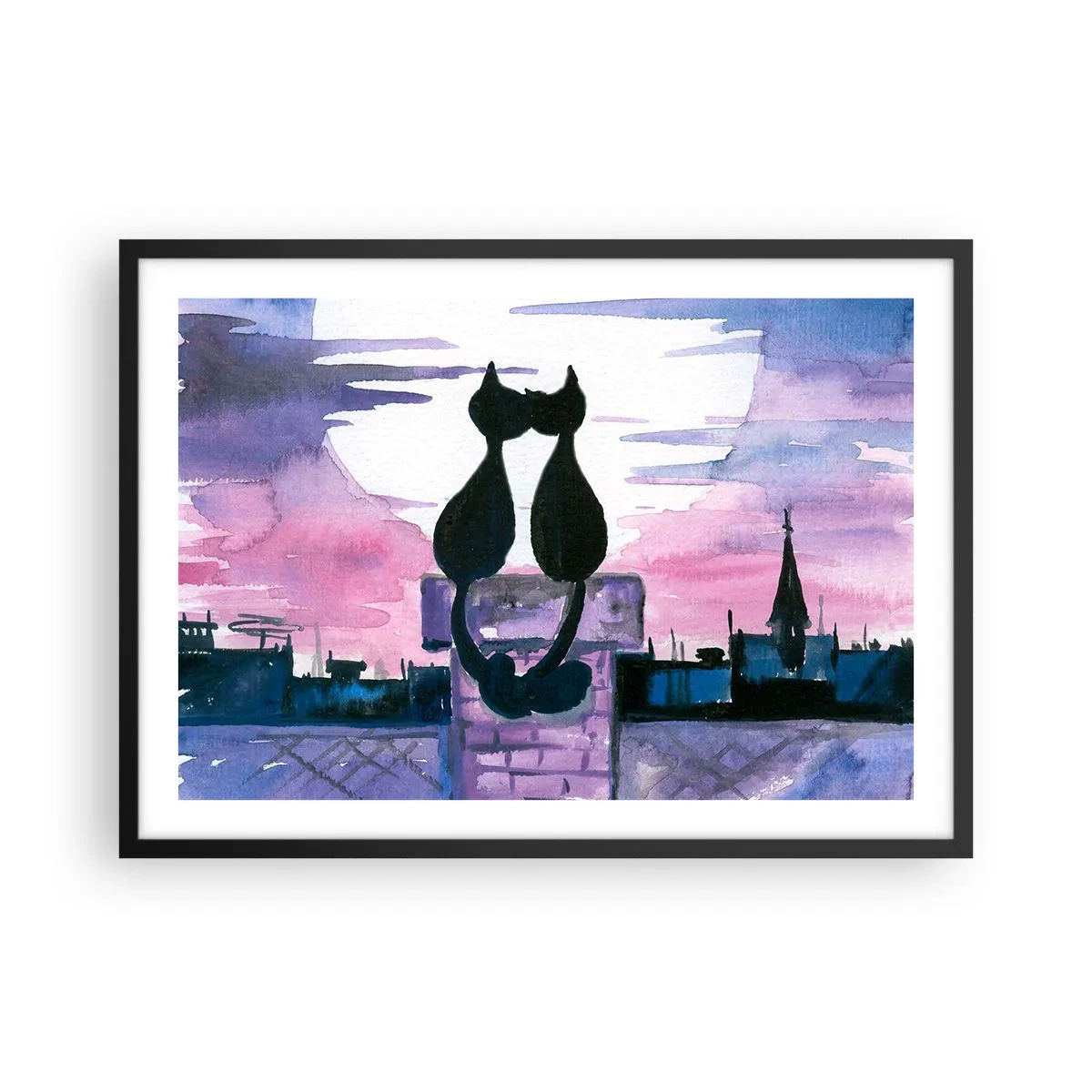 Póster en marco negro - Gatos negros en un tejado a la luz de la luna en un entorno de acuarela - 70x50cm - Cita bajo la luna - Decoración de pared moderna para salón y dormitorio ARTTOR