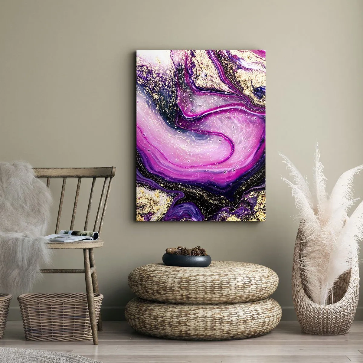 Cuadro sobre lienzo - Impresión de Imagen - Ondas abstractas en tonos morados y dorados. - 50x70cm - Un momento abstracto - Decoración de pared moderna para salón y dormitorio ARTTOR