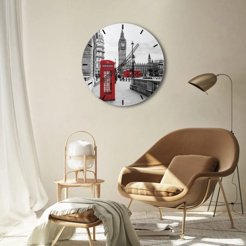 Reloj de pared - Reloj de vidrio - El Big Ben y una cabina telefónica roja con Londres como telón de fondo - 30x30cm - Sin duda, Londres - Decoración de pared moderna para salón, cocina y dormitorio ARTTOR