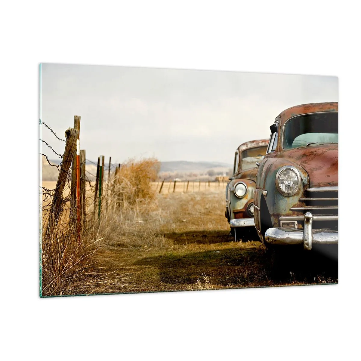 Cuadro sobre vidrio - Impresiones sobre Vidrio - Coches antiguos en una carretera rural - 120x80cm - Un merecido descanso - Decoración de pared moderna para salón y dormitorio ARTTOR