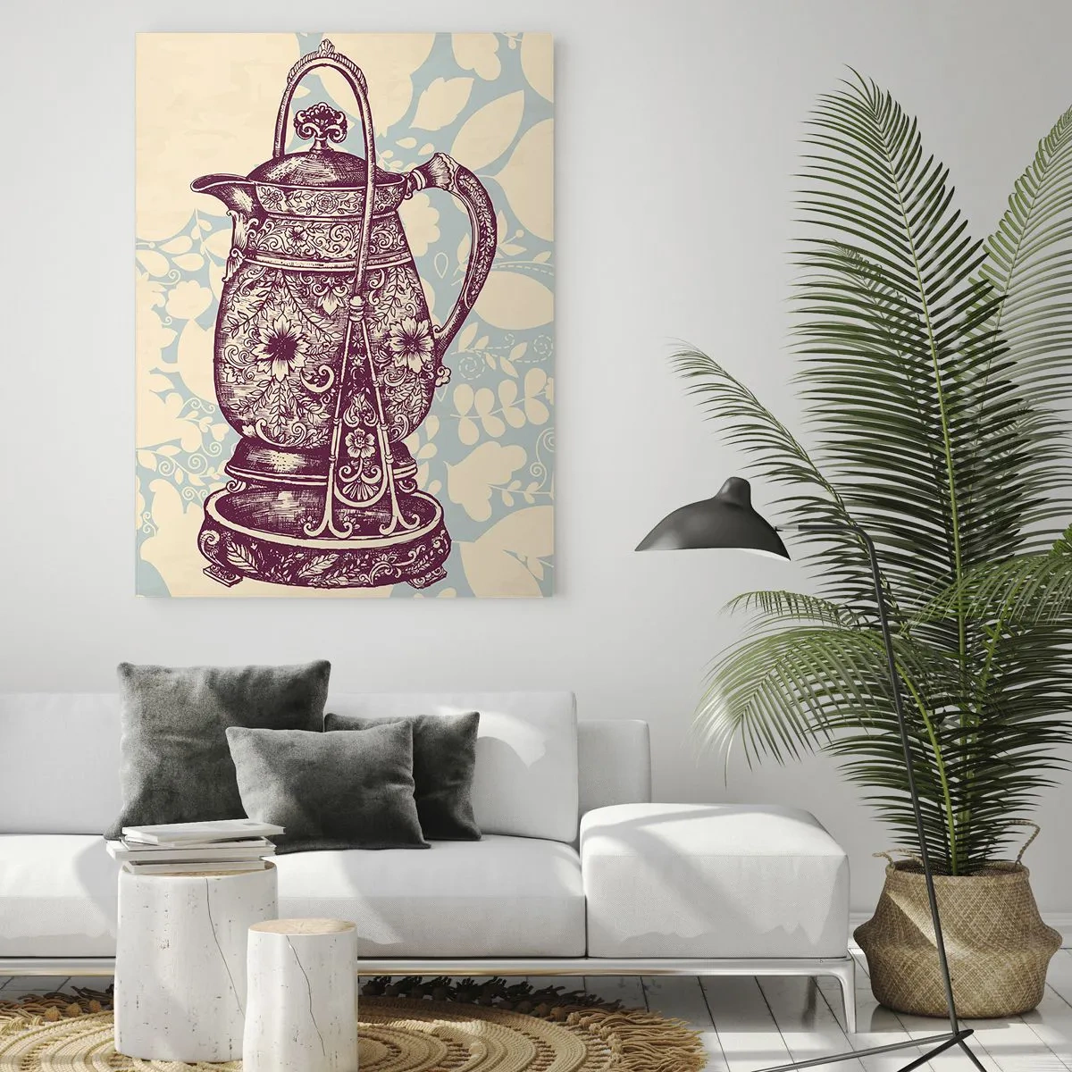 Cuadro sobre vidrio - Impresiones sobre Vidrio - Una jarra vintage decorada sobre un fondo claro con un adorno. - 50x70cm - La belleza de lo cotidiano - Decoración de pared moderna para salón y dormitorio ARTTOR