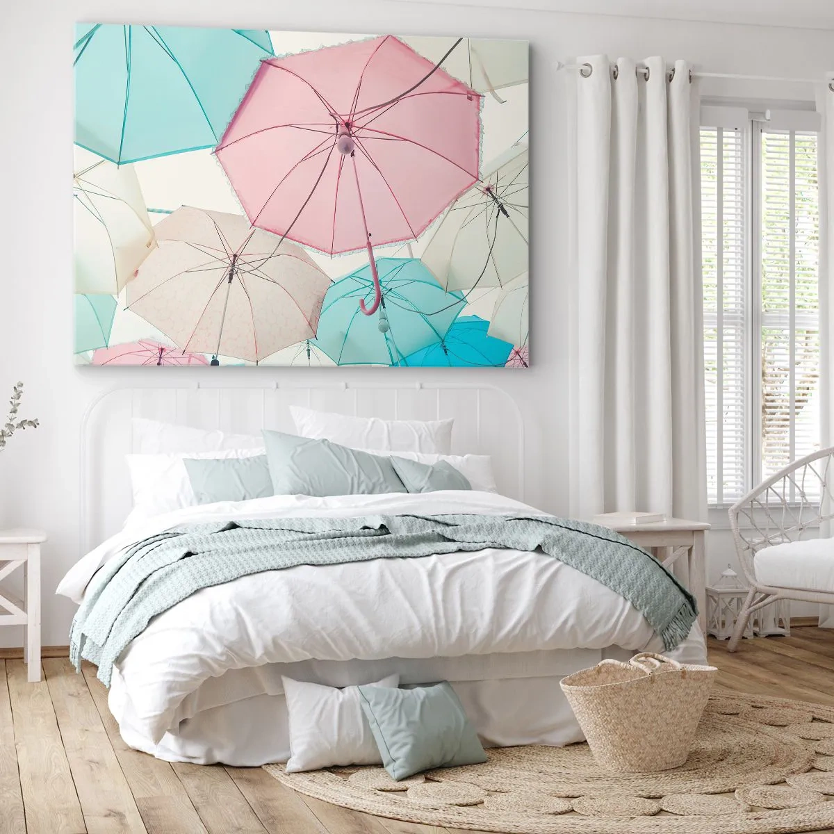 Cuadro sobre lienzo - Impresión de Imagen - Paraguas pastel contra un cielo brillante - 120x80cm - A veces el sol, a veces la lluvia - Decoración de pared moderna para salón y dormitorio ARTTOR