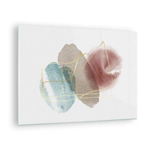 Cuadro sobre vidrio - Impresiones sobre Vidrio - Salpicaduras de acuarela abstractas y líneas doradas. - 70x50cm - Abstracción coral del espacio - Decoración de pared moderna para salón y dormitorio ARTTOR