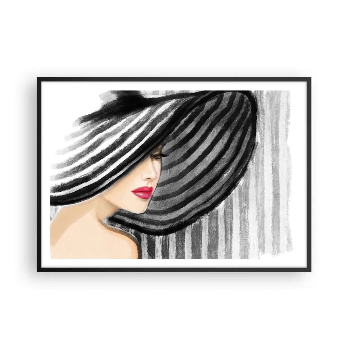 Póster en marco negro - Mujer con un sombrero blanco y negro con acento rojo. - 100x70cm - ¿Dónde puedo encontrarte? - Decoración de pared moderna para salón y dormitorio ARTTOR