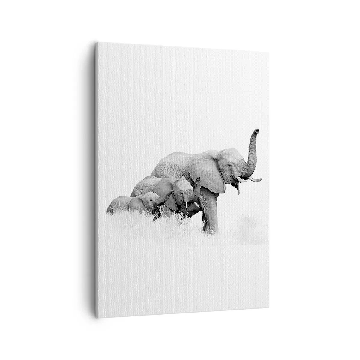 Cuadro sobre lienzo - Impresión de Imagen - Una familia de elefantes frente a un paisaje africano en blanco y negro. - 50x70cm - Uno, dos, tres - Decoración de pared moderna para salón y dormitorio ARTTOR