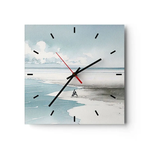 Reloj de pared - Reloj de vidrio - Un mar tranquilo y una playa en tonos claros de azul. - 30x30cm - Suave marea otoñal - Decoración de pared moderna para salón y dormitorio ARTTOR
