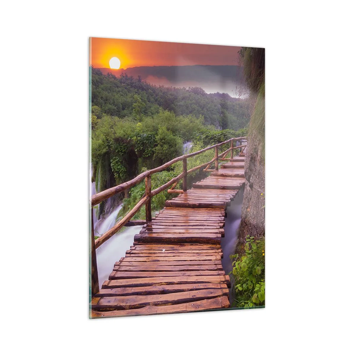 Cuadro sobre vidrio - Impresiones sobre Vidrio - Un camino de madera entre la vegetación al atardecer. - 50x70cm - Una belleza inimaginable - Decoración de pared moderna para salón y dormitorio ARTTOR