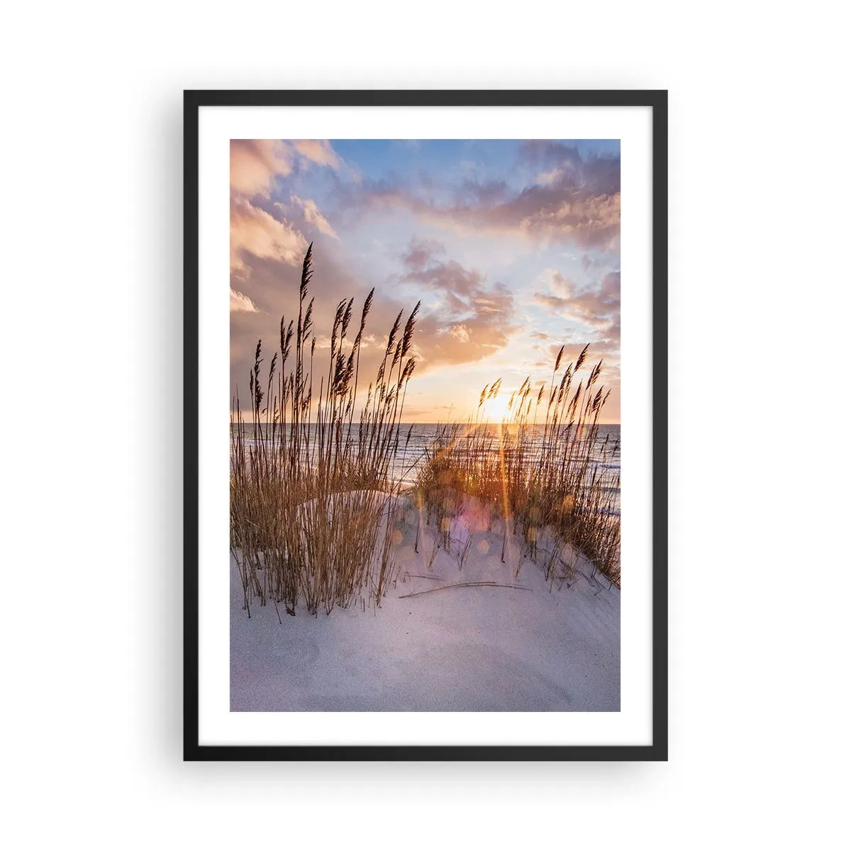 Póster en marco negro - Las hierbas de las dunas iluminadas por los rayos del sol poniente. - 50x70cm - Adiós al sol y al viento - Decoración de pared moderna para salón y dormitorio ARTTOR