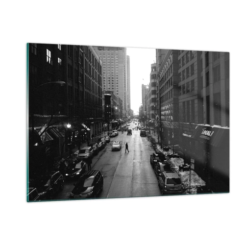 Cuadro sobre vidrio - Impresiones sobre Vidrio - Una calle en blanco y negro con un transeúnte entre edificios modernos. - 120x80cm - Un día como otro cualquiera - Decoración de pared moderna para salón y dormitorio ARTTOR