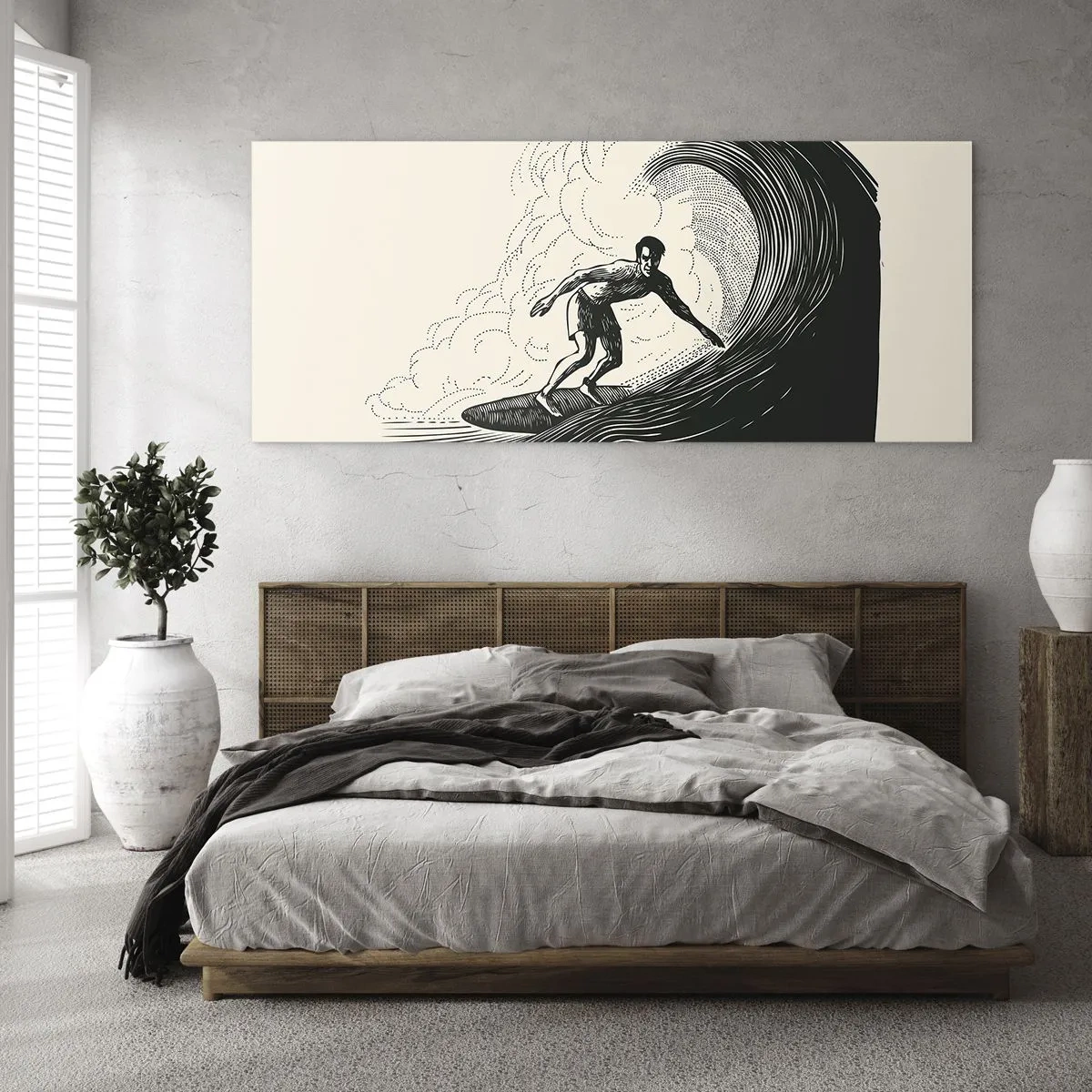 Cuadro sobre vidrio - Impresiones sobre Vidrio - Gráfico en blanco y negro de un surfista montando una ola. - 140x50cm - Rey de la ola - Decoración de pared moderna para salón y dormitorio ARTTOR