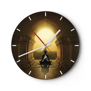 Reloj de pared - Reloj de vidrio - Meditación bajo la luz dorada del arco del templo. - 30x30cm - Armonía total - Decoración de pared moderna para salón, cocina y dormitorio ARTTOR