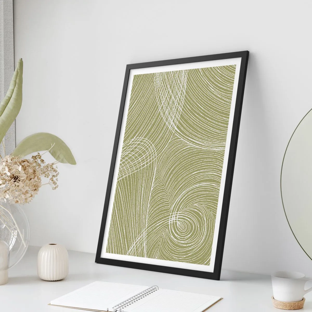 Póster en marco negro - Una composición abstracta en tonos verdes con líneas dinámicas. - 50x70cm - Abstracción intrincada en blanco - Decoración de pared moderna para salón y dormitorio ARTTOR