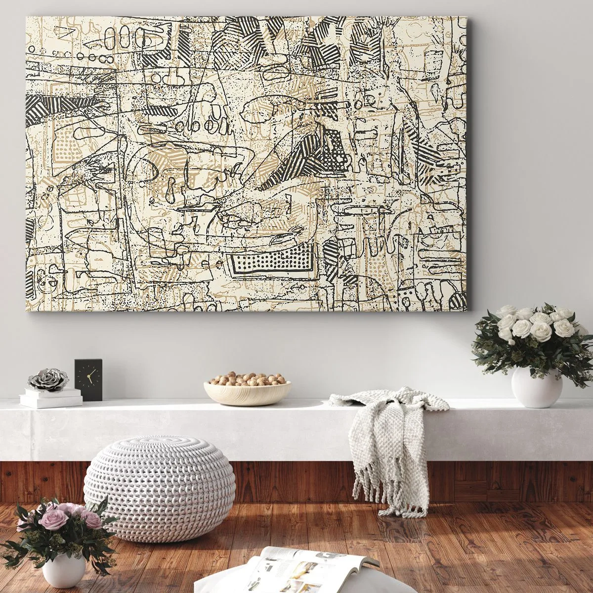 Cuadro sobre lienzo - Impresión de Imagen - Patrones y líneas abstractas sobre un fondo beige - 70x50cm - A la espera de ser descifrado - Decoración de pared moderna para salón y dormitorio ARTTOR