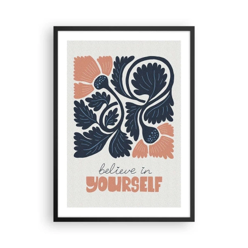 Póster en marco negro - Flores estilizadas en azul marino y rosa con una inscripción inspiradora. - 50x70cm - Crece y florece - Decoración de pared moderna para salón y dormitorio ARTTOR