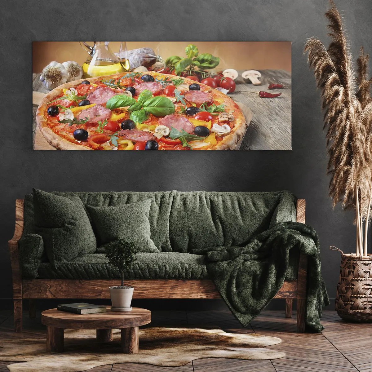 Cuadro sobre lienzo - Impresión de Imagen - Deliciosa pizza en una mesa de madera con ingredientes. - 120x50cm - Con un verdadero sabor italiano - Decoración de pared moderna para salón y dormitorio ARTTOR