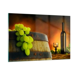 Cuadro sobre vidrio - Impresiones sobre Vidrio - Uvas en un barril en un entorno rústico con vino de fondo. - 120x80cm - Bodegón con botella de vino y racimo de uvas - Decoración de pared moderna para salón y dormitorio ARTTOR