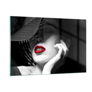 Cuadro sobre vidrio - Impresiones sobre Vidrio - Composición en blanco y negro con acento de labios rojos. - 120x80cm - Estudio en escarlata - Decoración de pared moderna para salón y dormitorio ARTTOR