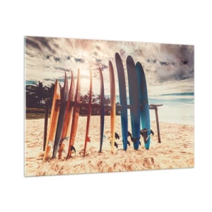 Cuadro sobre vidrio - Impresiones sobre Vidrio - Tablas de surf de colores alineadas en la playa al atardecer - 100x70cm - Buenas noches, hasta mañana - Decoración de pared moderna para salón y dormitorio ARTTOR