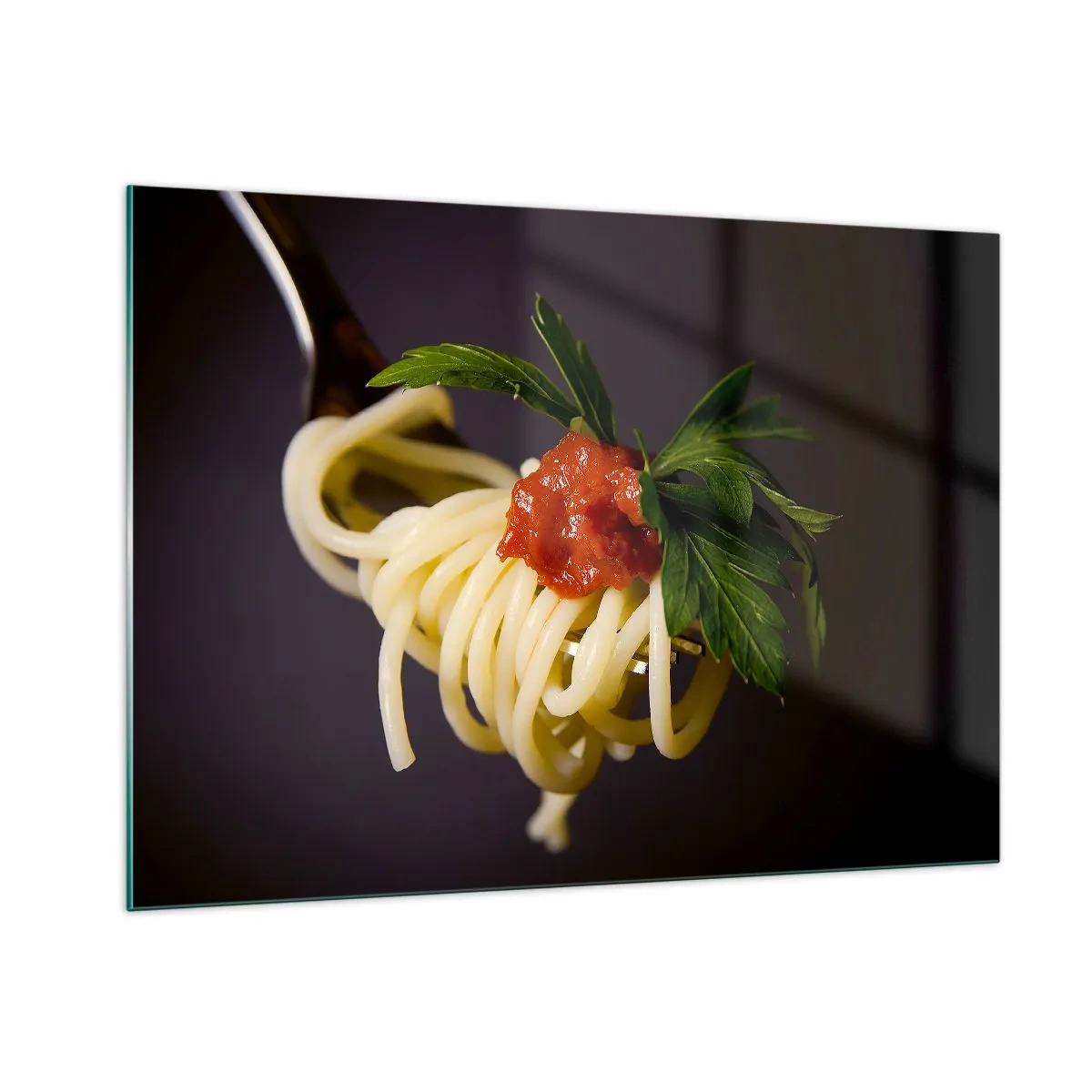 Cuadro sobre vidrio - Impresiones sobre Vidrio - Pasta espaguetis al tenedor con salsa de tomate - 100x70cm - Un sabroso bocado - Decoración de pared moderna para salón y dormitorio ARTTOR