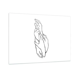 Cuadro sobre vidrio - Impresiones sobre Vidrio - Un sutil dibujo lineal de manos entrelazadas sobre un fondo blanco. - 100x70cm - El tacto - Decoración de pared moderna para salón y dormitorio ARTTOR