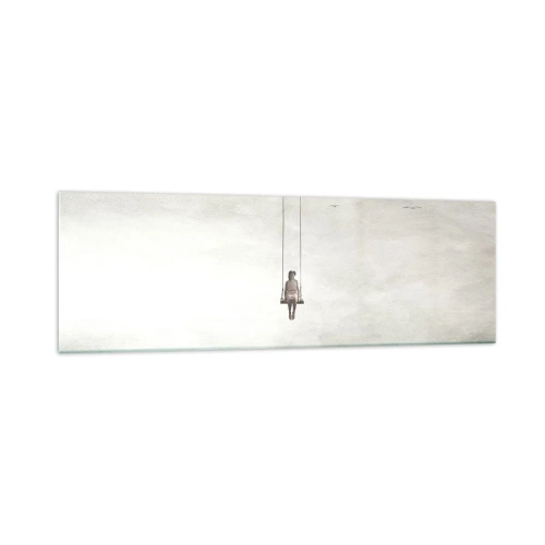 Cuadro sobre vidrio - Impresiones sobre Vidrio - Una figura en un columpio suspendida en el espacio. - 160x50cm - El niño que llevamos dentro - Decoración de pared moderna para salón y dormitorio ARTTOR