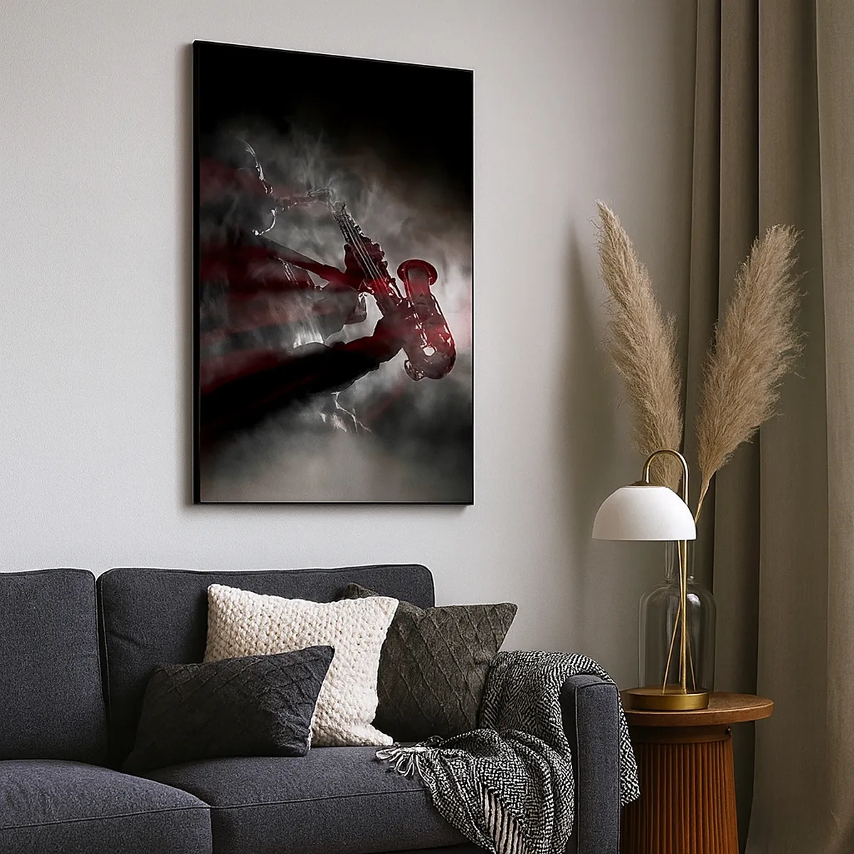 Cuadro sobre lienzo - Impresión de Imagen - Saxofonista en humo en el escenario en negro y rojo atmosférico - 50x70cm - En el vapor del jazz - Decoración de pared moderna para salón y dormitorio ARTTOR