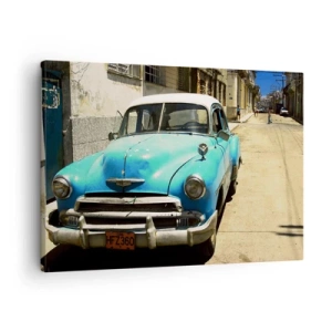 Cuadro sobre lienzo - Impresión de Imagen - Un coche clásico azul en la calle en un día soleado. - 70x50cm - ¡Viva Cuba! - Decoración de pared moderna para salón y dormitorio ARTTOR