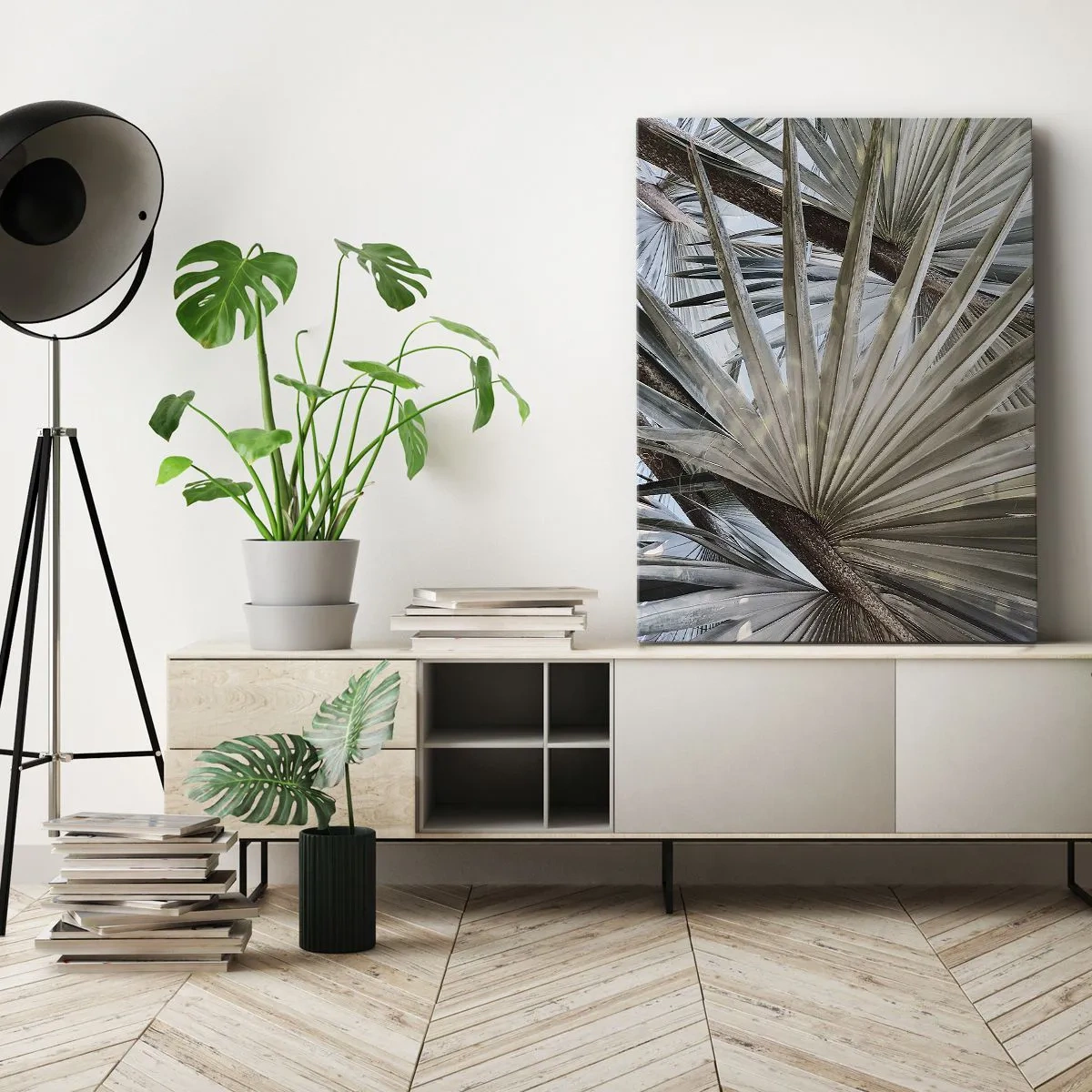 Cuadro sobre lienzo - Impresión de Imagen - Primer plano de hojas de palma en tonos naturales de verde. - 50x70cm - Abanicos en el trópico - Decoración de pared moderna para salón y dormitorio ARTTOR