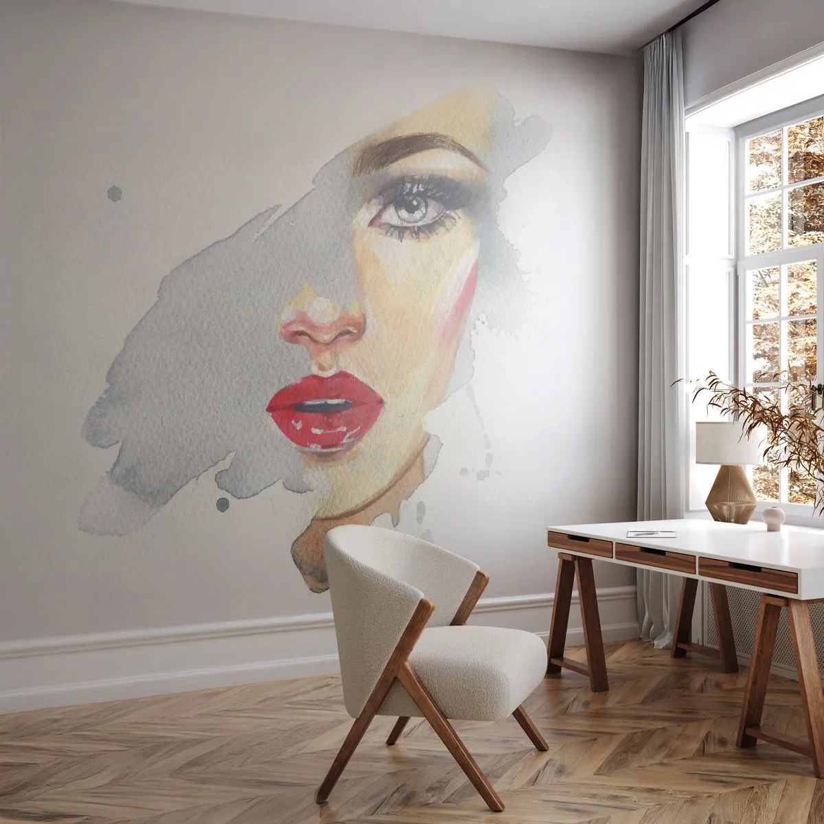Fotomural Premium Canvas - Reflejo en una gota de agua - cara de mujer, Mujer, labios rojos - 250x175 cm