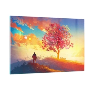 Cuadro sobre vidrio - Impresiones sobre Vidrio - Una figura con el telón de fondo de un cielo colorido y un árbol en colores cálidos. - 120x80cm - Un peregrino en su destino - Decoración de pared moderna para salón y dormitorio ARTTOR