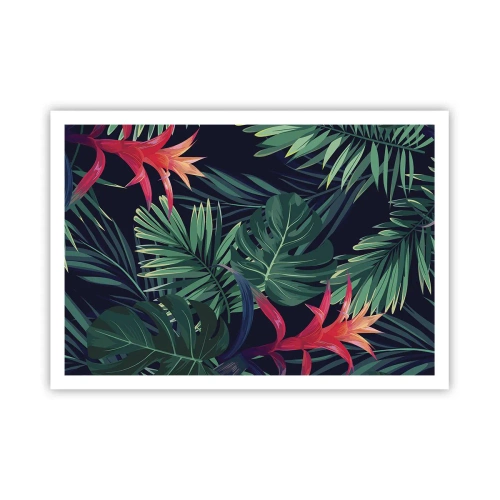 Póster - Hojas y flores tropicales sobre un fondo oscuro. - 100x70cm - Encender el color verde - Decoración de pared moderna para salón y dormitorio ARTTOR