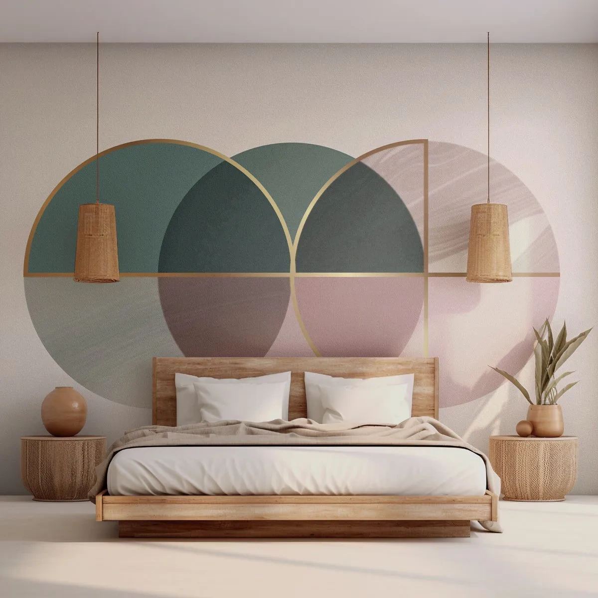 Fotomural Premium Sand - Composición geométrica de círculos en tonos verdes y beige. - 100x70cm - Círculo tras círculo... - Decoración de pared moderna para salón y dormitorio ARTTOR
